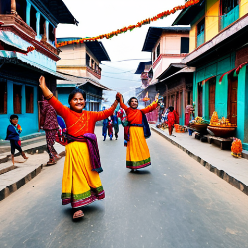 Home 18 Festive Dasain Celebration**
"A vibrant street scene during Dasain in Nepal, fully clothed people in traditional attire celebrating, colorful decorations of mango leaves and flower garlands adorning buildings, children playing joyfully, appropriate attire, safe for work, perfect anatomy, natural proportions, professional photography, high quality, family-friendly."
**