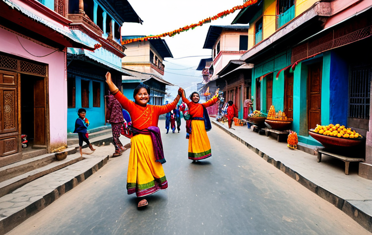 Festive Dasain Celebration**

"A vibrant street scene during Dasain in Nepal, fully clothed people in traditional attire celebrating, colorful decorations of mango leaves and flower garlands adorning buildings, children playing joyfully, appropriate attire, safe for work, perfect anatomy, natural proportions, professional photography, high quality, family-friendly."

**