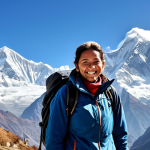 **

"A professional female hiker, fully clothed in modest outdoor attire, trekking through the Annapurna region of Nepal. She is smiling, with a backdrop of snow-capped Himalayan peaks. Safe for work, appropriate content, perfect anatomy, natural proportions, family-friendly travel photography, bright daylight."

**