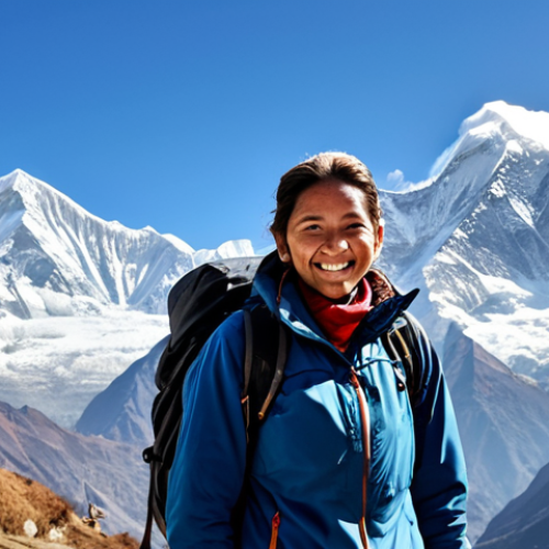 Home 17 **
"A professional female hiker, fully clothed in modest outdoor attire, trekking through the Annapurna region of Nepal. She is smiling, with a backdrop of snow-capped Himalayan peaks. Safe for work, appropriate content, perfect anatomy, natural proportions, family-friendly travel photography, bright daylight."
**
