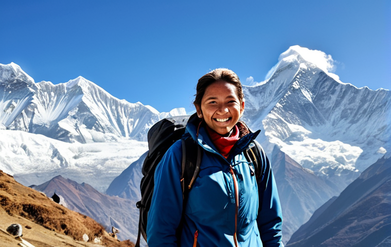**

"A professional female hiker, fully clothed in modest outdoor attire, trekking through the Annapurna region of Nepal. She is smiling, with a backdrop of snow-capped Himalayan peaks. Safe for work, appropriate content, perfect anatomy, natural proportions, family-friendly travel photography, bright daylight."

**