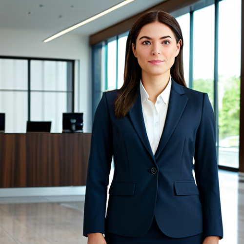Home 10 **A professional businesswoman in a modest, tailored business suit, standing confidently in a modern office lobby, fully clothed, appropriate attire, safe for work, perfect anatomy, natural proportions, professional lighting, high quality.**