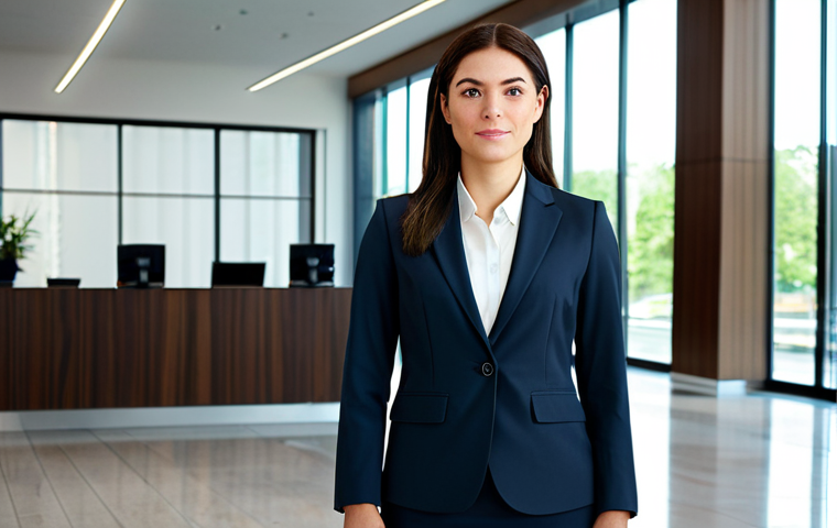 **A professional businesswoman in a modest, tailored business suit, standing confidently in a modern office lobby, fully clothed, appropriate attire, safe for work, perfect anatomy, natural proportions, professional lighting, high quality.**